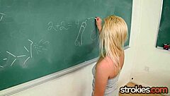Alex Little Strokes Teacher's Cock in Classroom Handjob
