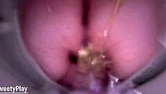 he pisses close-up on wife's juicy pussy as she pees in toilet