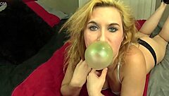 Blonde bitch blows bubble gum like a pro cock