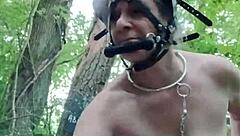 french ponygirl slave bound in forest for outdoor bdsm orgasm play