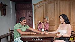 Horny milf rides young boyfriend's cock on kitchen table