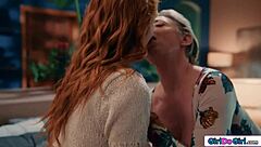 busty milf pulls redhead sub's nipples and facesits