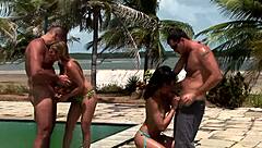poolside foursome dives into wild licking fucking and squirting action