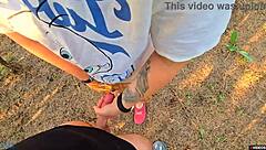 horny milf catches guy jerking helps him cum fast outdoor