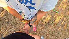 horny milf catches guy jerking helps him cum fast outdoor