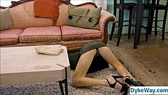 lesbian customer licks stuck barista's pussy deep