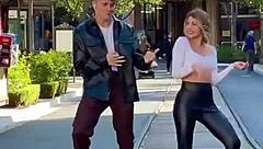 blonde babe sways seductively in tight leggings