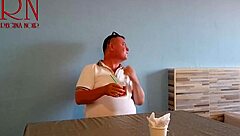 naked waitress serves meal from her navel to horny restaurant guest backstage