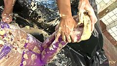 lesbian babes smear food on bodies while licking pussies wildly