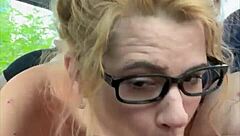 glasses streetwalker gulps cum after deepthroat mouth creampie