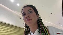 Crazy Brunette Babe Gives Public Blowjob in Mall Toilet Then Cumwalk Covered