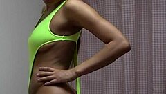 Tanned Japanese Athlete Strips Naked for Yellow Thong Workout