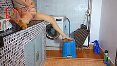 curvy housewife's pussy dominated licked in laundry machine bondage