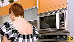 redhead mature cougar sucks young cock before kitchen pounding