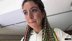 Crazy Brunette Babe Gives Public Blowjob in Mall Toilet Then Cumwalk Covered