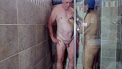 sexy shaved shower tease with big tits closeup