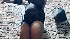 in sexy lingerie, she rubs her dildo against pussy and bare feet