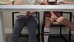 skinny college student flashes wet pussy under desk