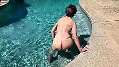 swimming nude in hawaiian private pool with mature wife
