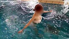 japanese college cutie workouts poolside flaunting small tits feet and skinny legs seductively