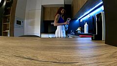 redhead wife shows miniskirt pink panties off