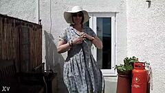 naughty housewife strips naked outdoors garden