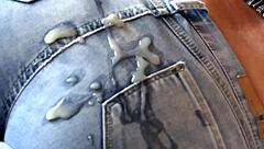 Wow check this great cumshot on milf's wonderful ass jeans still on dual cams