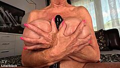 mature bbw spoils huge saggy tits with latex dildo outdoors