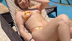 Petite blonde Jill Taylor rides best friend bikini stud poolside