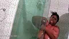 hidden cam catches chubby bbw milf's huge natural tits bath