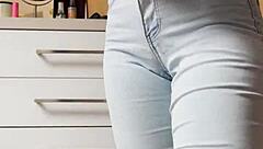 Petite blonde bombshell strips wildly in tight jeans