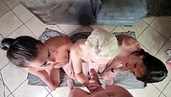 Two Brunettes Train Blonde Slut's Gagging Cock Sucking!