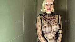 Blonde Beauty with Huge Tits Gets Wet in Sheer Shower