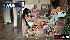 Wife Cheats Sucking Cum With Husband Cooking Nearby