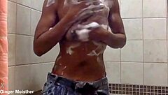 Ginger's wet soapy nipples tits belly closeup in ripped jeans