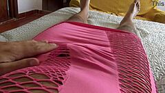 Taboo mature woman aids submissive trans sissy in explosive cum release