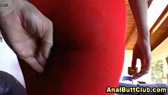 Booty babe stretches gaping ass with huge buttplug in latex stockings!