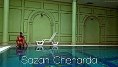 Hungarian brunette babe teases big tits and ass in naked pool shower swim