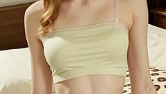 Cute model slips into flowery panties and barefoot lingerie