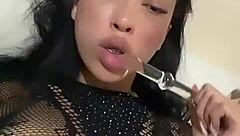 pierced tongue latina teen sucks cock hungrily!