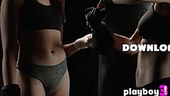 beautiful blonde babes strip lingerie in sexy workout tease