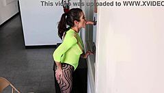 Free use receptionist swallows loads in gloryhole waiting room