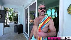 brunette bikini girl offers anal to older man