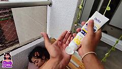 colombian petite rides monster cock on balcony flashing cum