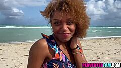 Ebony Teen Stepsis Rides Cowgirl on Beach with Small Tits