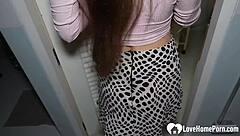 Nerdy babe with glasses eagerly sucks cock in skirt