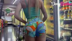hot blonde shows off in micro shorts at market ass shaking sexy