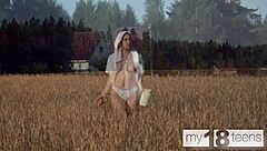 cute 18+ redhead teen wanders field fingering her wet pussy