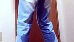 girl pees jeans waiting bathroom amateur desperation