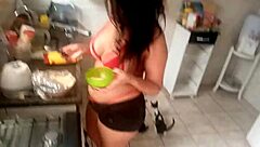 sexy sarah rosa teases big tits in kitchen mousse play